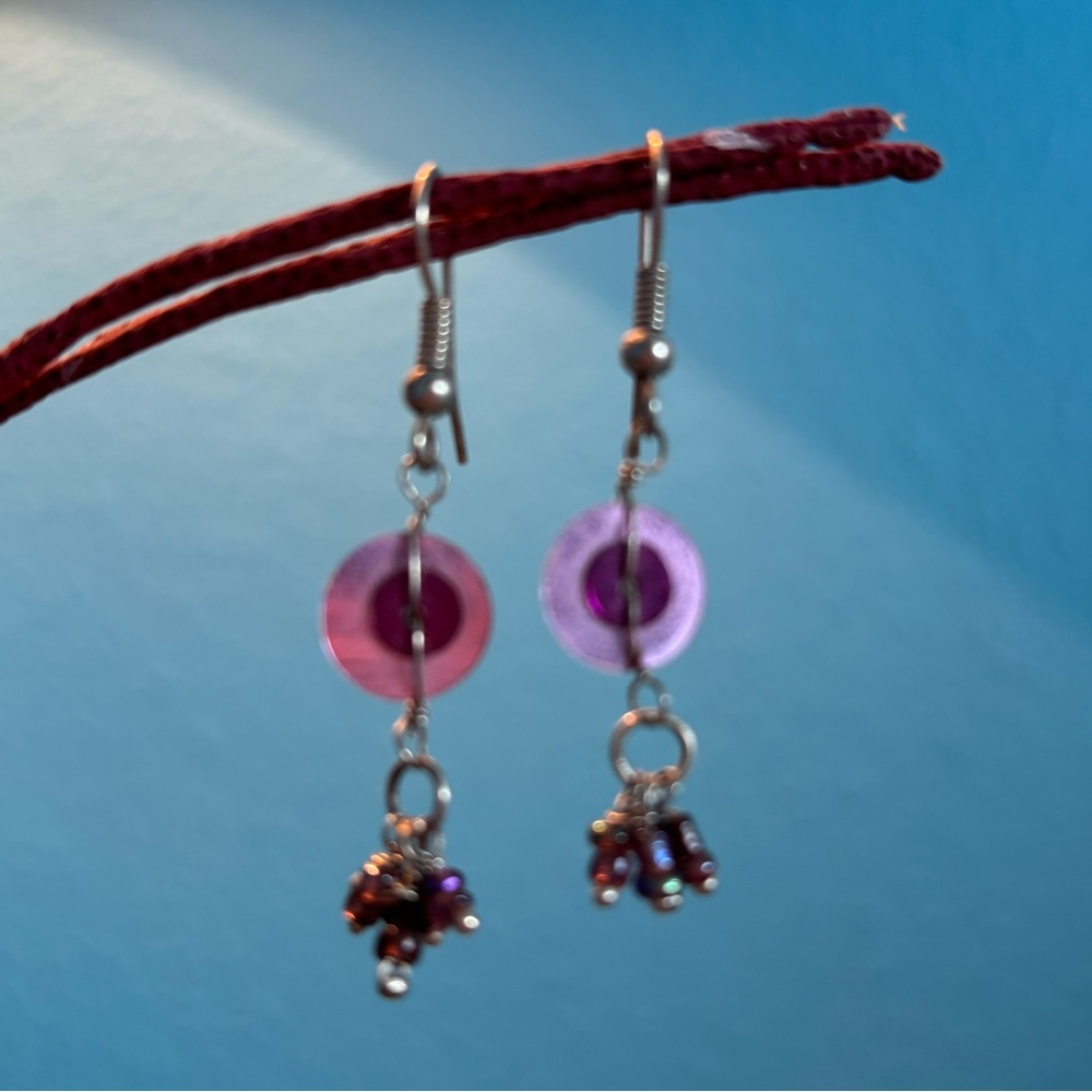 Pink beaded earrings with disc